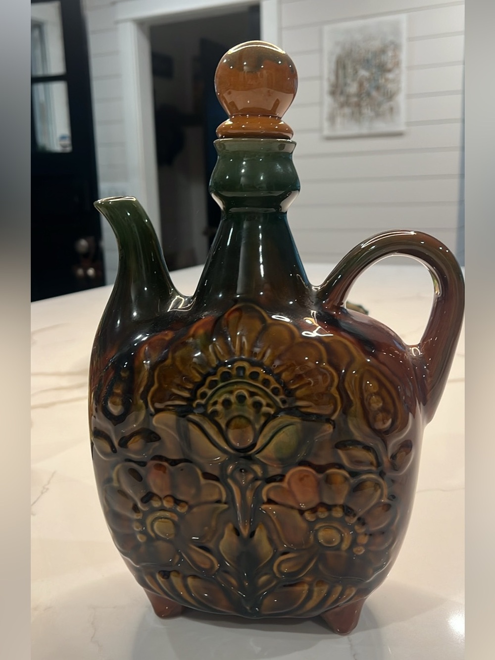 Handcrafted Glazed Ceramic Floral Oil Cruet - Green and Brown